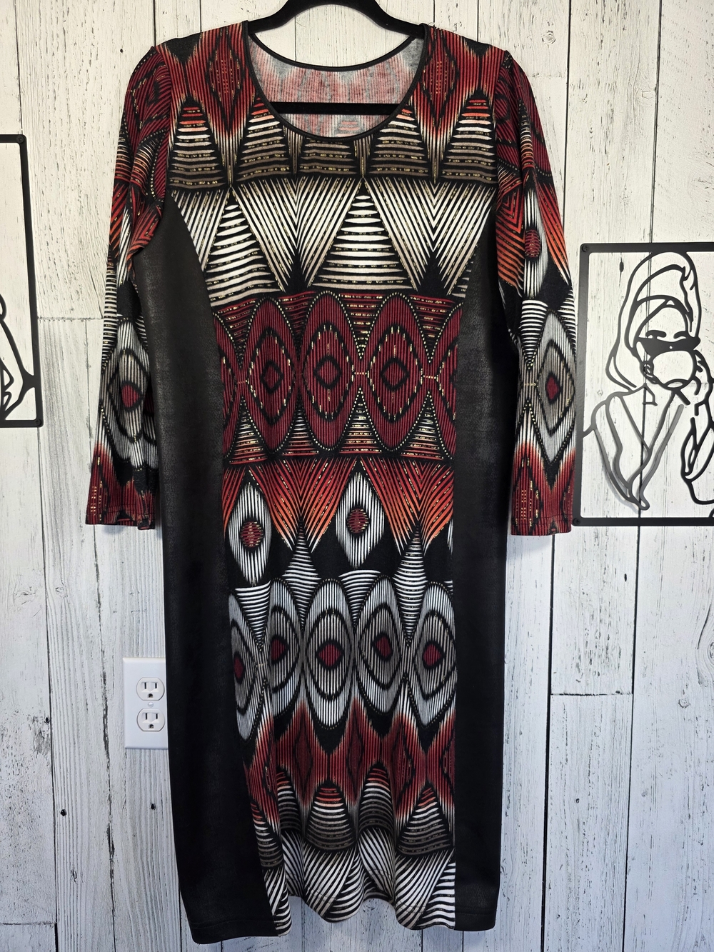 Black Red Gold Abstract Geometric Midi Sheath Dress Size M